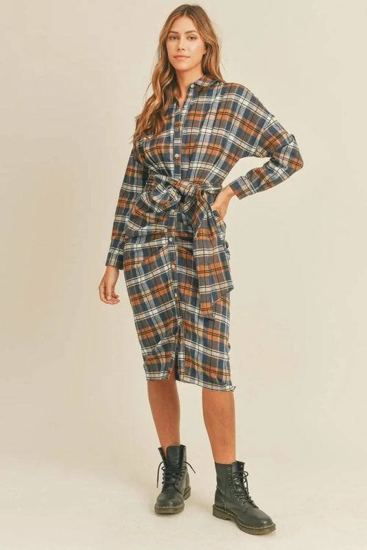 Plaid flannel tie-front shirt dress - Love Salve 