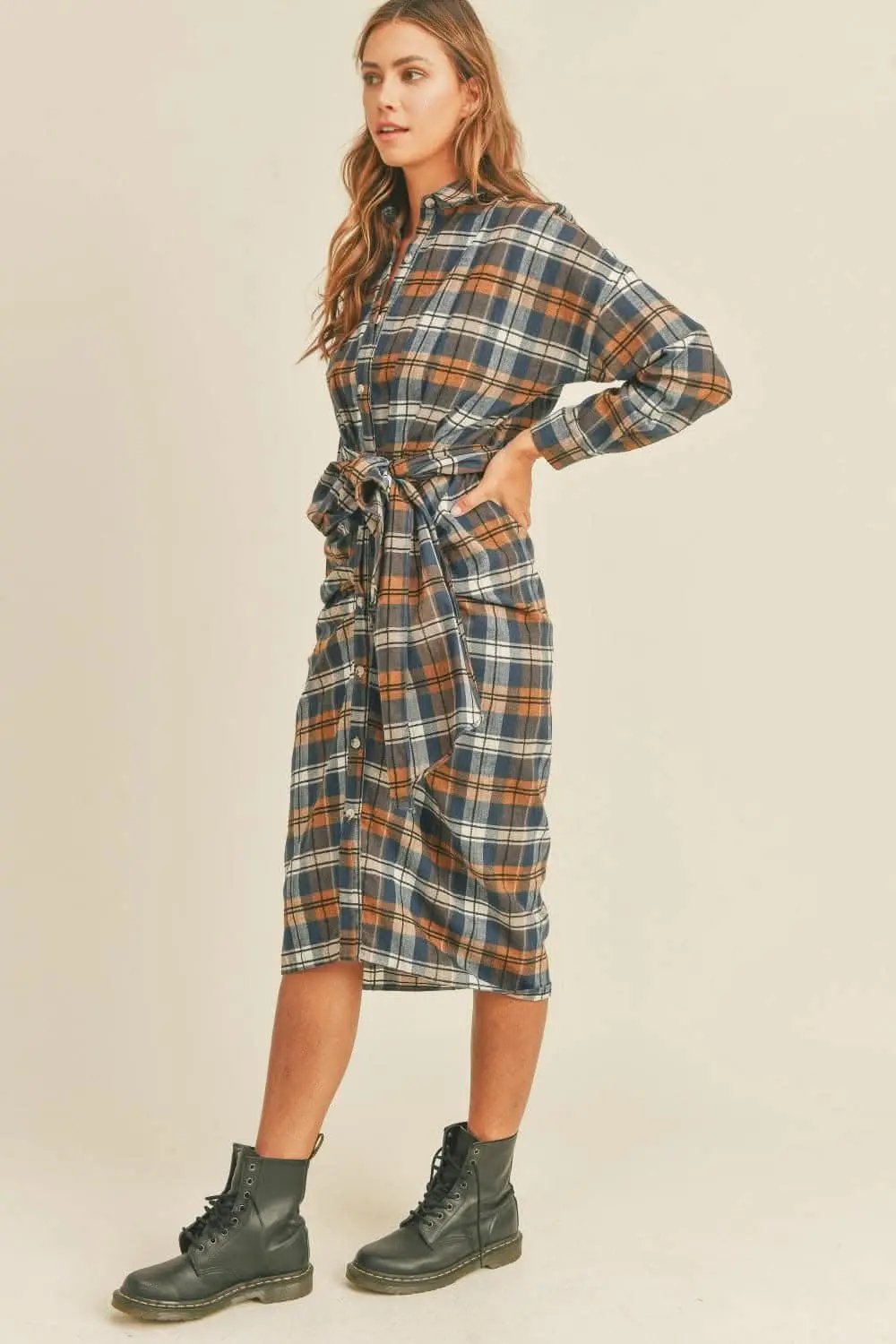Plaid flannel tie-front shirt dress - Love Salve 