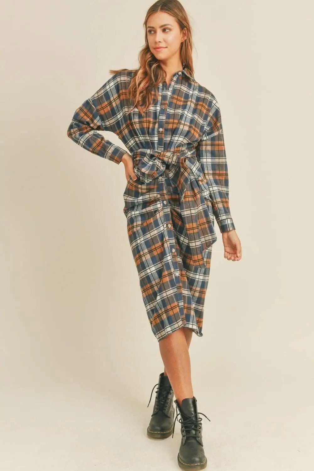 Plaid flannel tie-front shirt dress - Love Salve 
