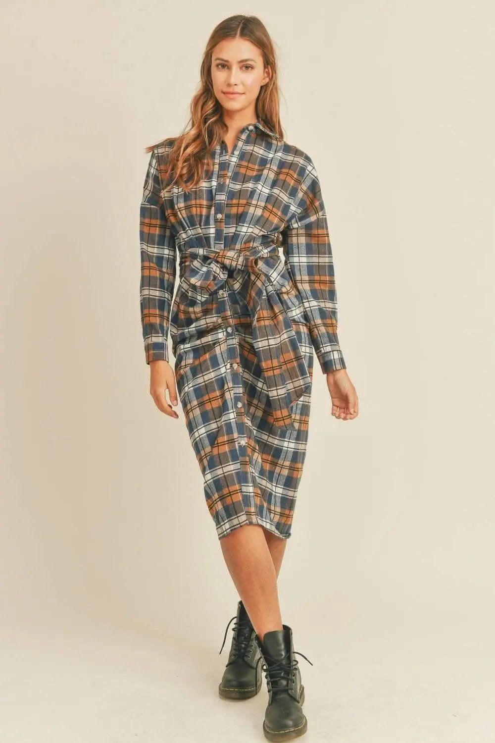 Plaid flannel tie-front shirt dress - Love Salve 