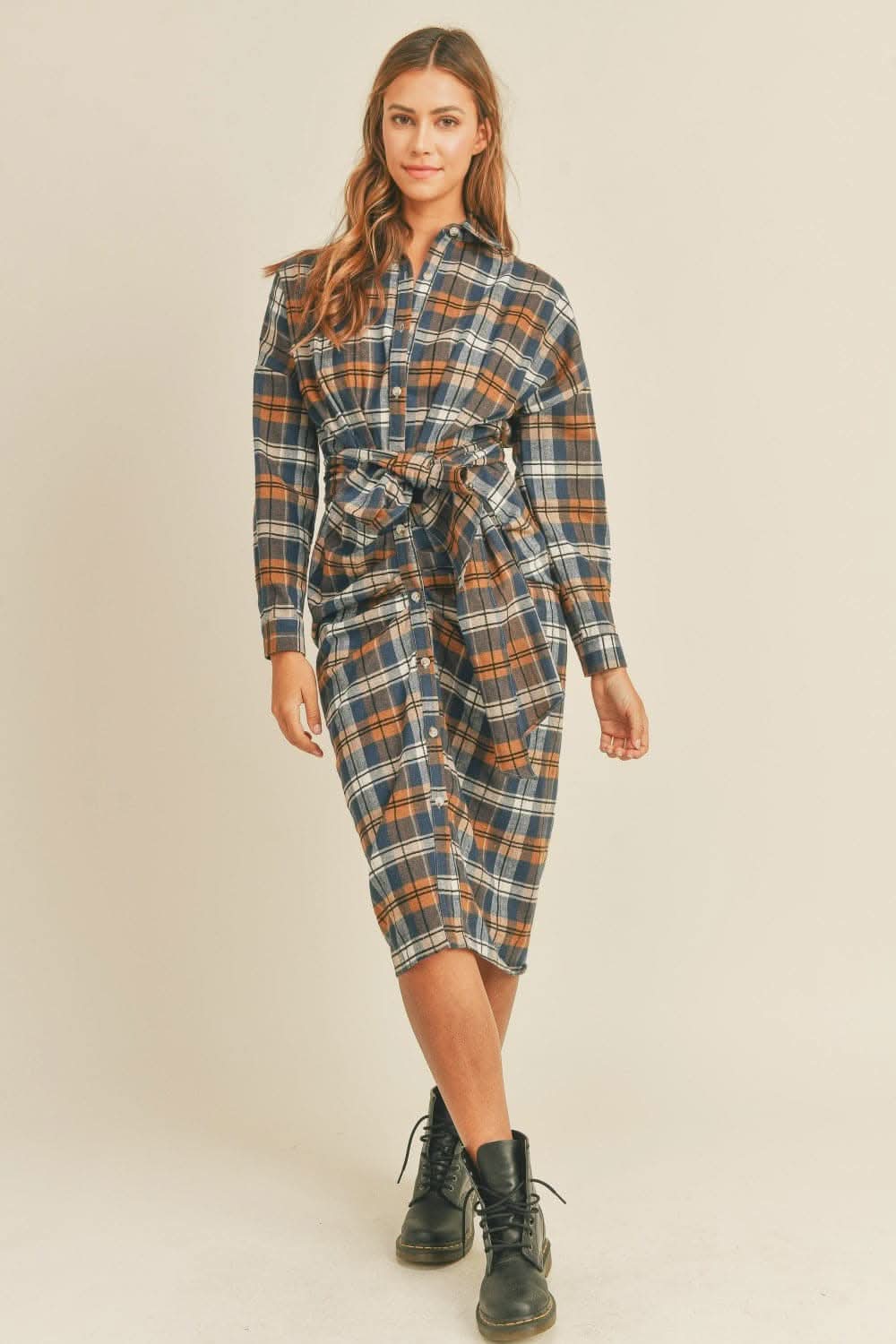 Plaid flannel tie-front shirt dress - Love Salve 