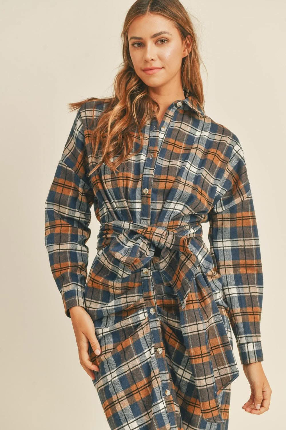 Plaid flannel tie-front shirt dress - Love Salve 