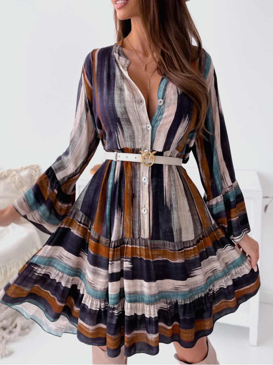 Chic striped mini dress, long sleeves - Love Salve 