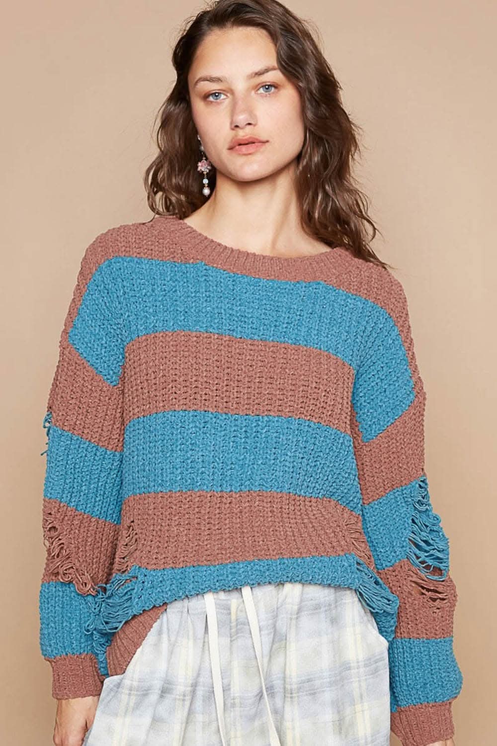 Edgy striped balloon sleeve sweater - Love Salve 
