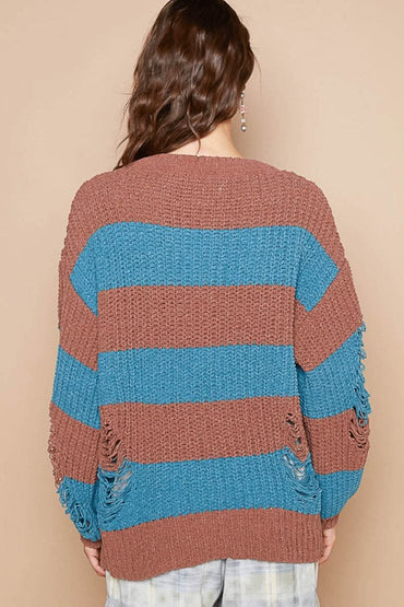 Edgy striped balloon sleeve sweater - Love Salve 
