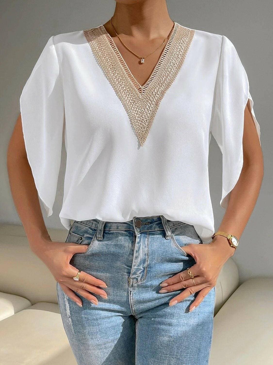 Elegant V-Neck Blouse with Short SleevesUpgrade Your Wardrobe with Style and Comfort
 Introducing our Elegant V-Neck Blouse with Short Sleeves, the perfect blend of sophistication and ease. Whether it's a Love Salve -Neck BlouseColor