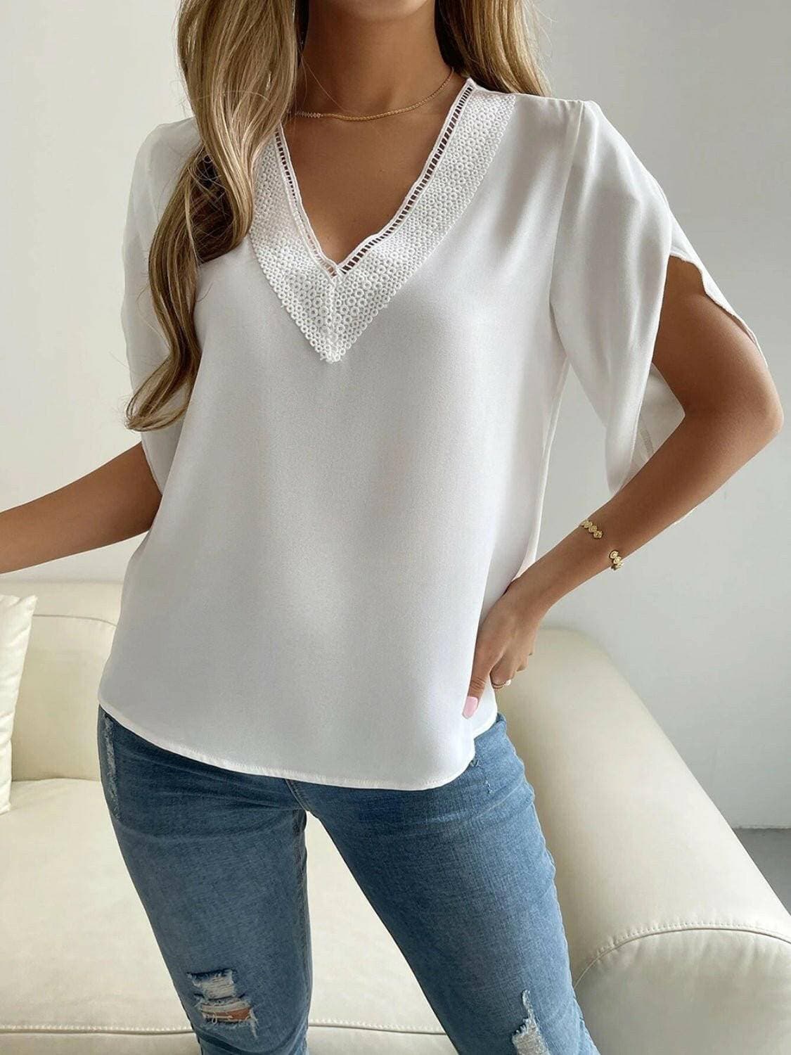 Elegant V-Neck Blouse with Short SleevesUpgrade Your Wardrobe with Style and Comfort
 Introducing our Elegant V-Neck Blouse with Short Sleeves, the perfect blend of sophistication and ease. Whether it's a Love Salve -Neck BlouseColor