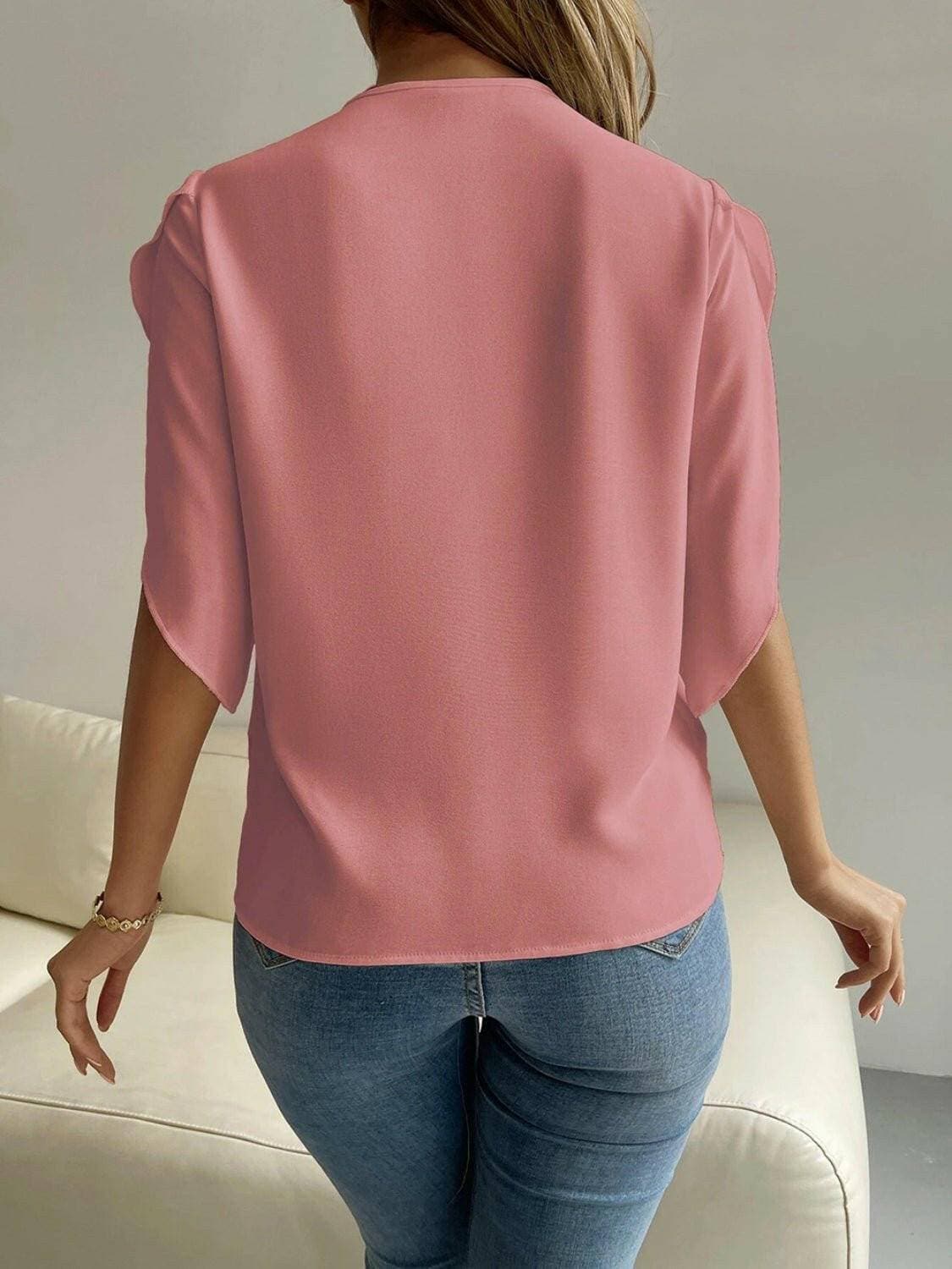 Elegant V-Neck Blouse with Short SleevesUpgrade Your Wardrobe with Style and Comfort
 Introducing our Elegant V-Neck Blouse with Short Sleeves, the perfect blend of sophistication and ease. Whether it's a Love Salve -Neck BlouseColor