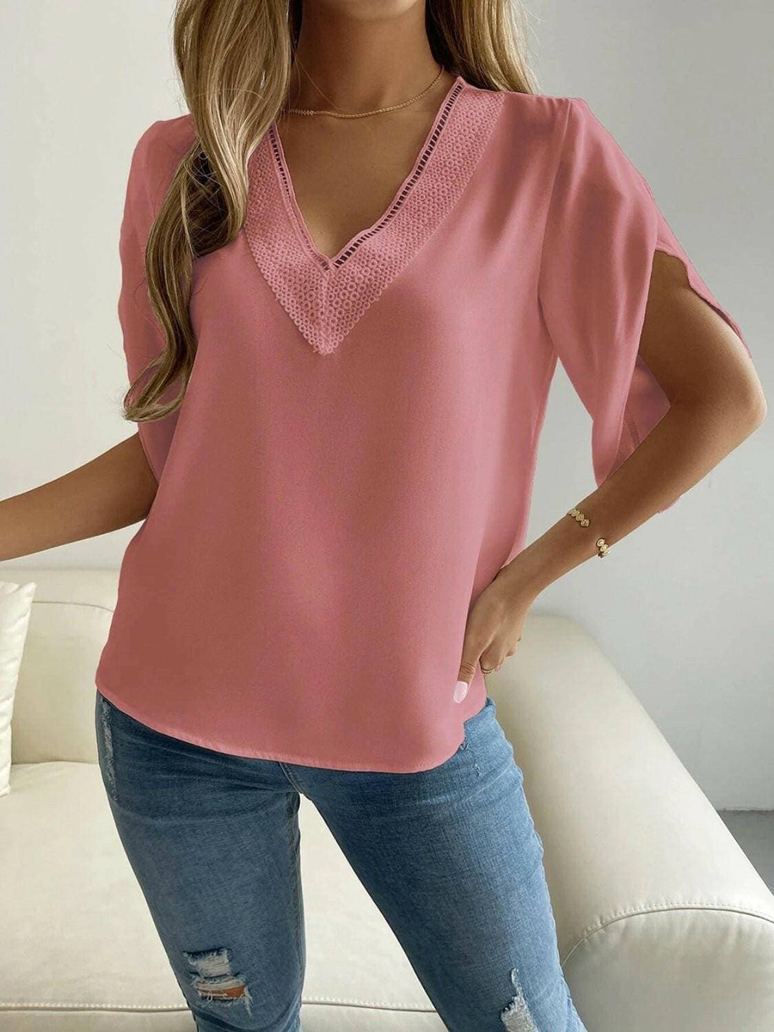 Elegant V-Neck Blouse with Short SleevesUpgrade Your Wardrobe with Style and Comfort
 Introducing our Elegant V-Neck Blouse with Short Sleeves, the perfect blend of sophistication and ease. Whether it's a Love Salve -Neck BlouseColor