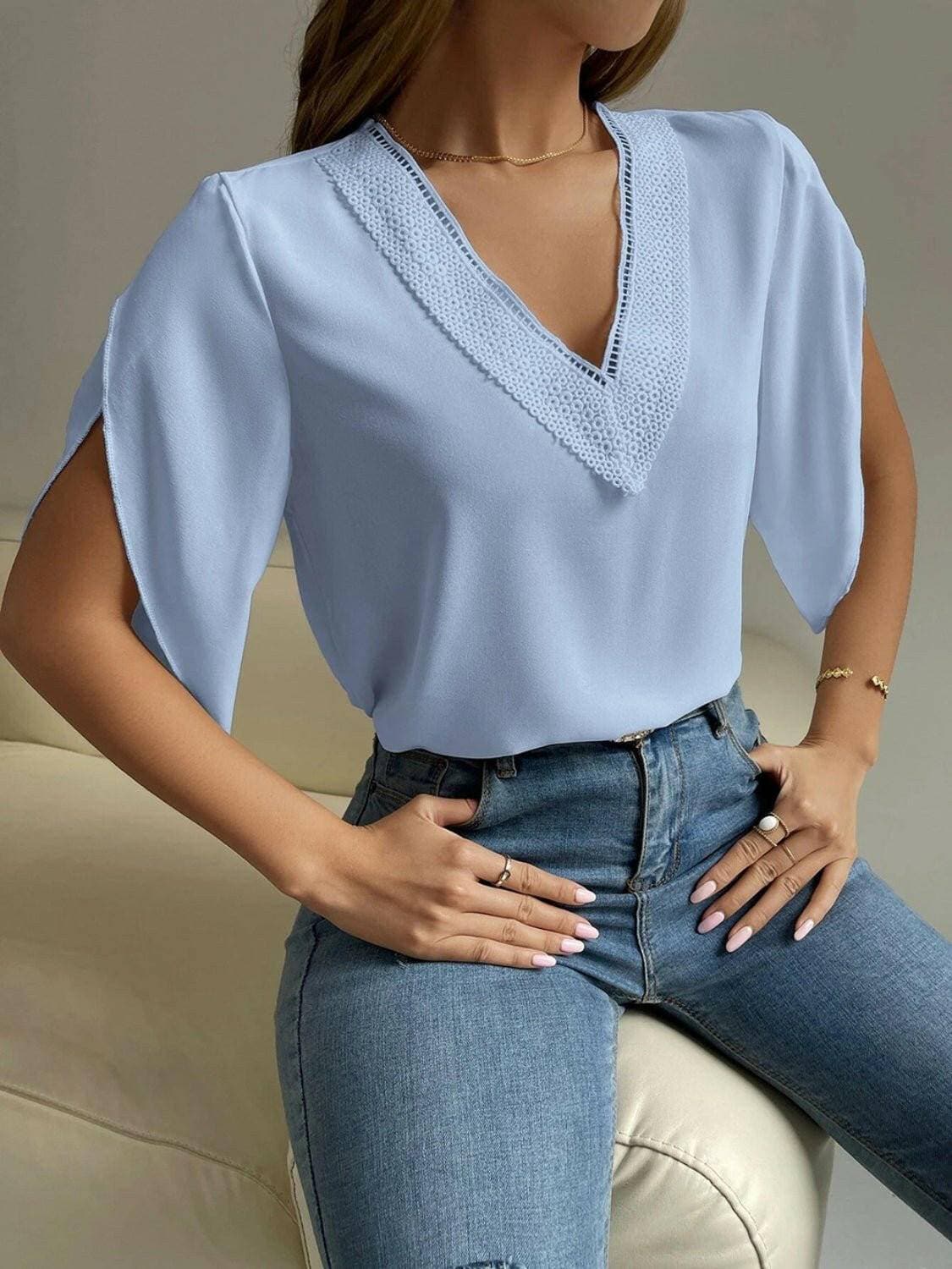 Elegant V-Neck Blouse with Short SleevesUpgrade Your Wardrobe with Style and Comfort
 Introducing our Elegant V-Neck Blouse with Short Sleeves, the perfect blend of sophistication and ease. Whether it's a Love Salve -Neck BlouseColor