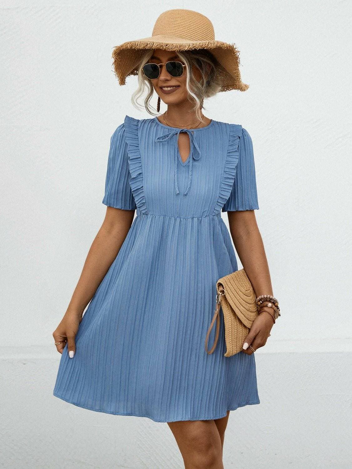 Chic Tie Neck Short Sleeve Mini DressChic Tie Neck Short Sleeve Mini Dress
 Experience Effortless Elegance with Our Chic Tie Neck Short Sleeve Mini Dress
 
 
Chic Design: Elevate your style with the eleLove Salve Chic Tie Neck Short Sleeve Mini DressColor