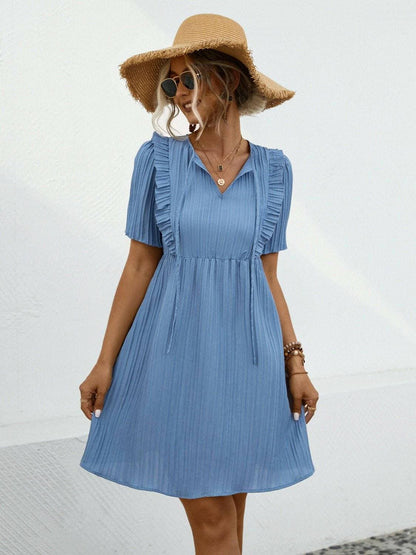 Chic Tie Neck Short Sleeve Mini DressChic Tie Neck Short Sleeve Mini Dress
 Experience Effortless Elegance with Our Chic Tie Neck Short Sleeve Mini Dress
 
 
Chic Design: Elevate your style with the eleLove Salve Chic Tie Neck Short Sleeve Mini DressColor