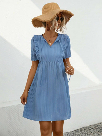 Chic Tie Neck Short Sleeve Mini DressChic Tie Neck Short Sleeve Mini Dress
 Experience Effortless Elegance with Our Chic Tie Neck Short Sleeve Mini Dress
 
 
Chic Design: Elevate your style with the eleLove Salve Chic Tie Neck Short Sleeve Mini DressColor