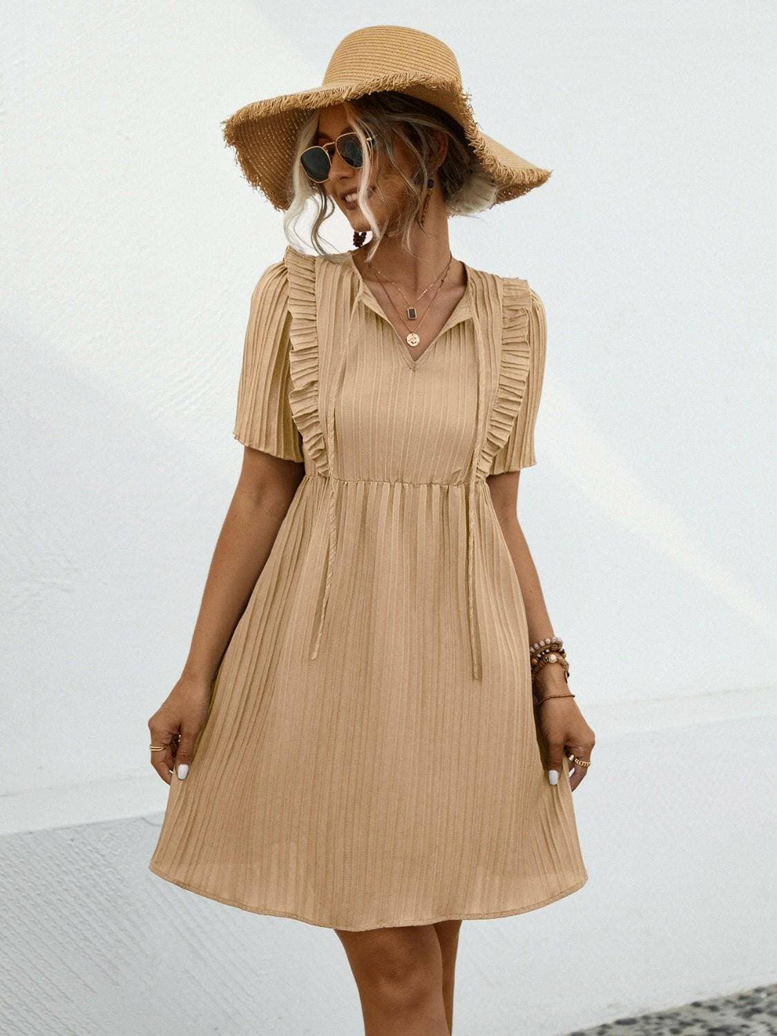 Chic Tie Neck Short Sleeve Mini DressChic Tie Neck Short Sleeve Mini Dress
 Experience Effortless Elegance with Our Chic Tie Neck Short Sleeve Mini Dress
 
 
Chic Design: Elevate your style with the eleLove Salve Chic Tie Neck Short Sleeve Mini DressColor