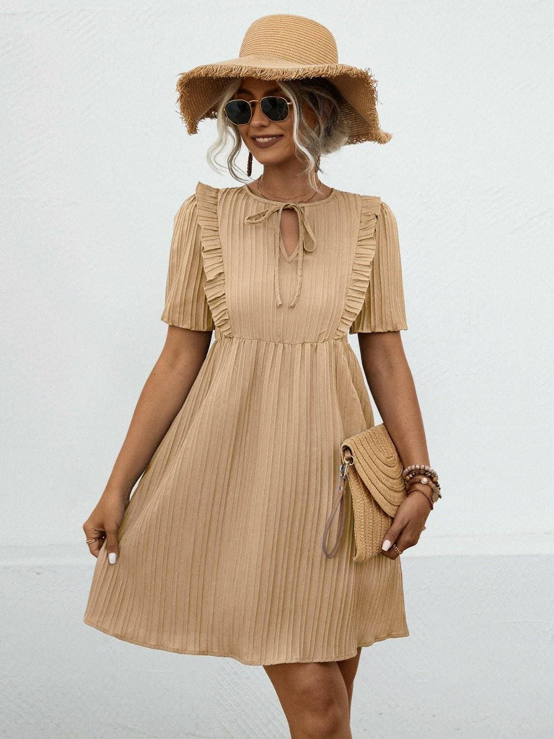 Chic Tie Neck Short Sleeve Mini DressChic Tie Neck Short Sleeve Mini Dress
 Experience Effortless Elegance with Our Chic Tie Neck Short Sleeve Mini Dress
 
 
Chic Design: Elevate your style with the eleLove Salve Chic Tie Neck Short Sleeve Mini DressColor