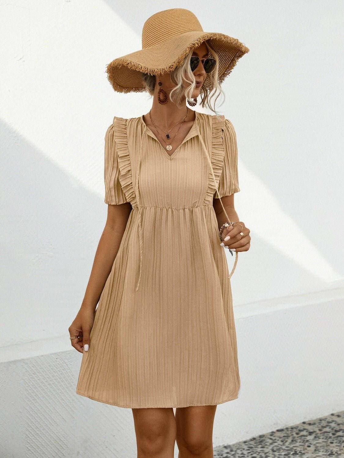 Chic Tie Neck Short Sleeve Mini DressChic Tie Neck Short Sleeve Mini Dress
 Experience Effortless Elegance with Our Chic Tie Neck Short Sleeve Mini Dress
 
 
Chic Design: Elevate your style with the eleLove Salve Chic Tie Neck Short Sleeve Mini DressColor