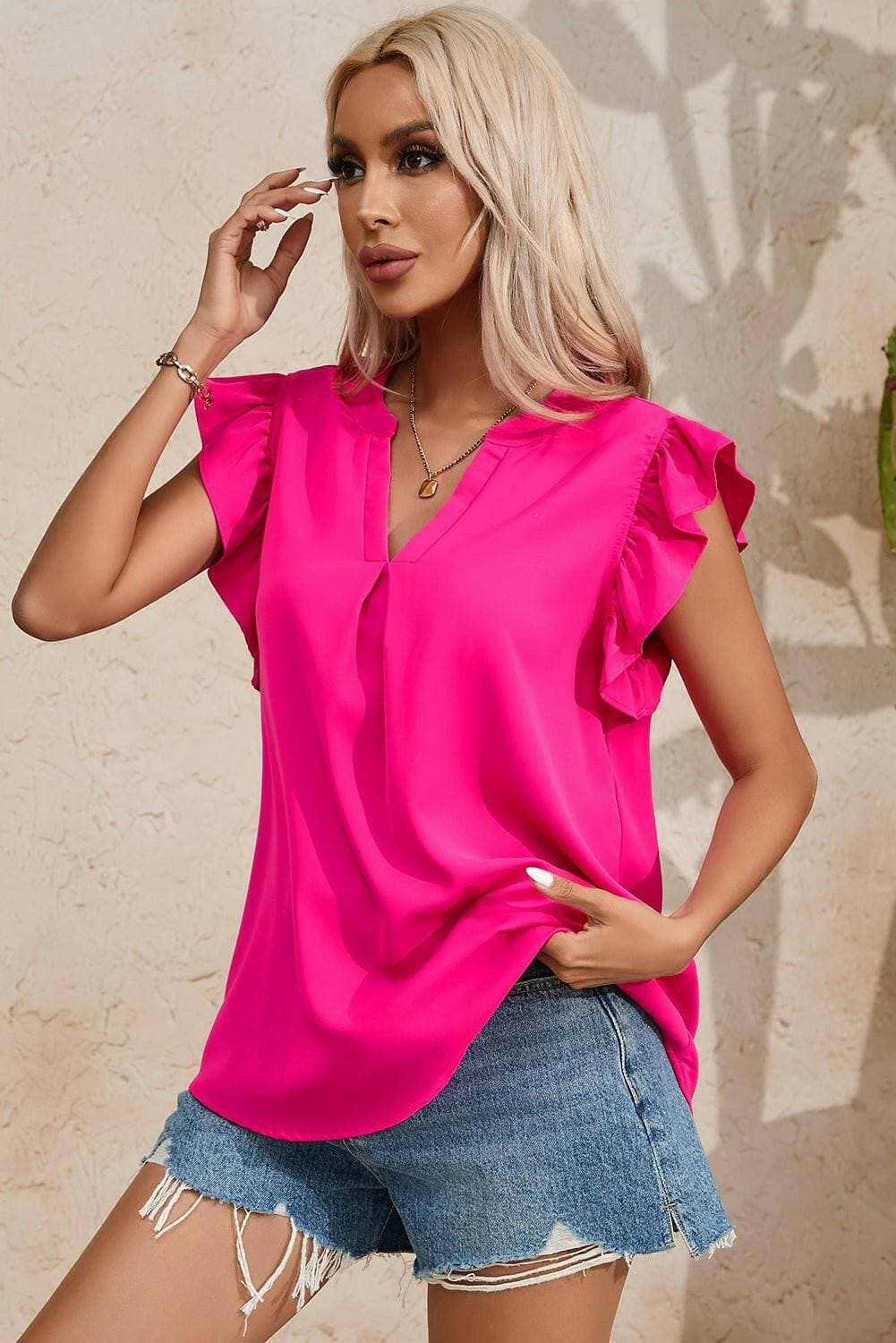 Elegant Ruffled Sheer Blouse with Cap SleevesExperience Elegance in Every Detail
 
 
Ruffled Sophistication: Elevate your style with exquisite ruffled accents that radiate elegance and charm.
 
Sheer yet ModestLove Salve Elegant Ruffled Sheer BlouseColor