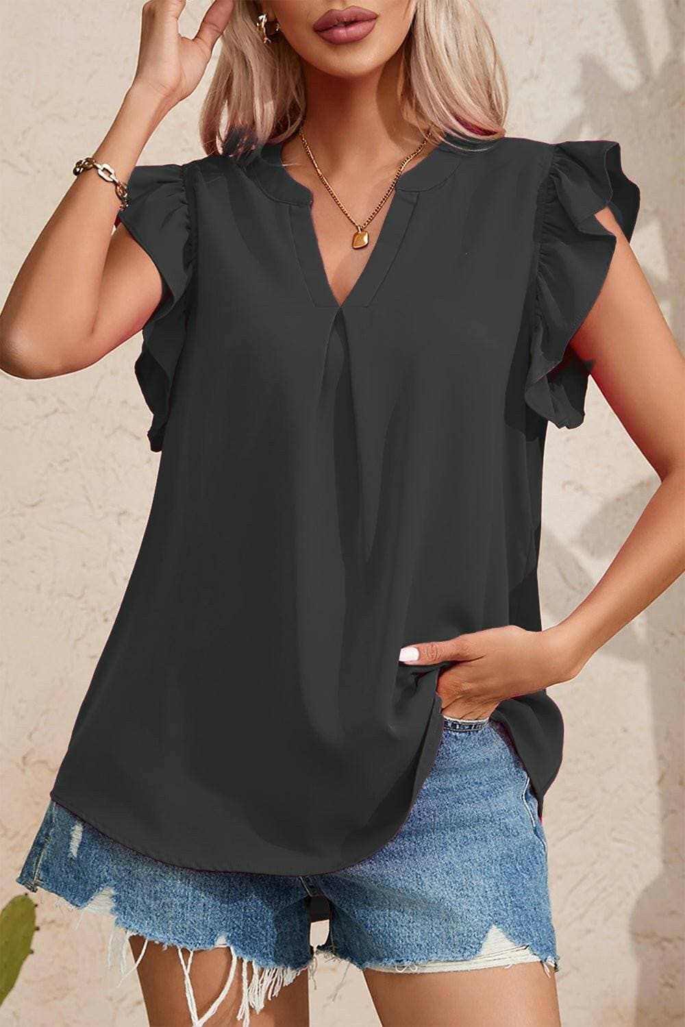 Elegant Ruffled Sheer Blouse with Cap SleevesExperience Elegance in Every Detail
 
 
Ruffled Sophistication: Elevate your style with exquisite ruffled accents that radiate elegance and charm.
 
Sheer yet ModestLove Salve Elegant Ruffled Sheer BlouseColor