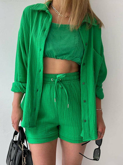 Chic Textured Shirt and Drawstring Shorts EnsembleChic Textured Shirt and Drawstring Shorts Ensemble
 Upgrade your style effortlessly with our chic textured shirt and drawstring shorts ensemble. Embrace a modern andLove Salve Chic Textured ShirtColor