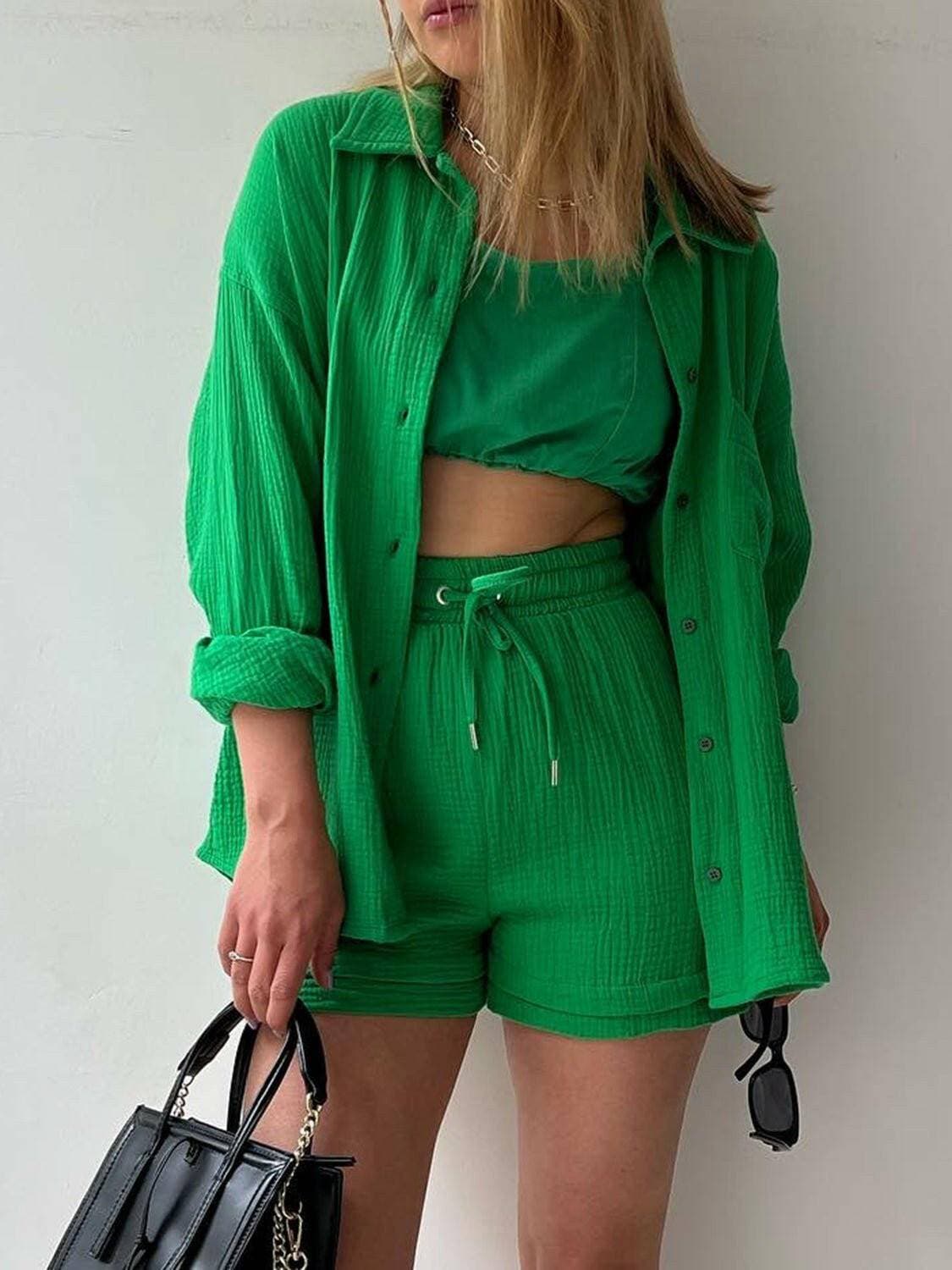 Chic Textured Shirt and Drawstring Shorts EnsembleChic Textured Shirt and Drawstring Shorts Ensemble
 Upgrade your style effortlessly with our chic textured shirt and drawstring shorts ensemble. Embrace a modern andLove Salve Chic Textured ShirtColor