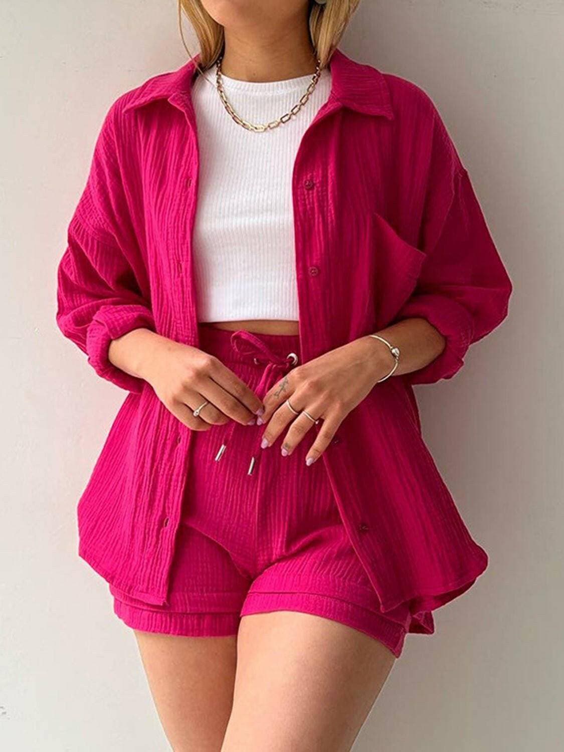 Chic Textured Shirt and Drawstring Shorts EnsembleChic Textured Shirt and Drawstring Shorts Ensemble
 Upgrade your style effortlessly with our chic textured shirt and drawstring shorts ensemble. Embrace a modern andLove Salve Chic Textured ShirtColor