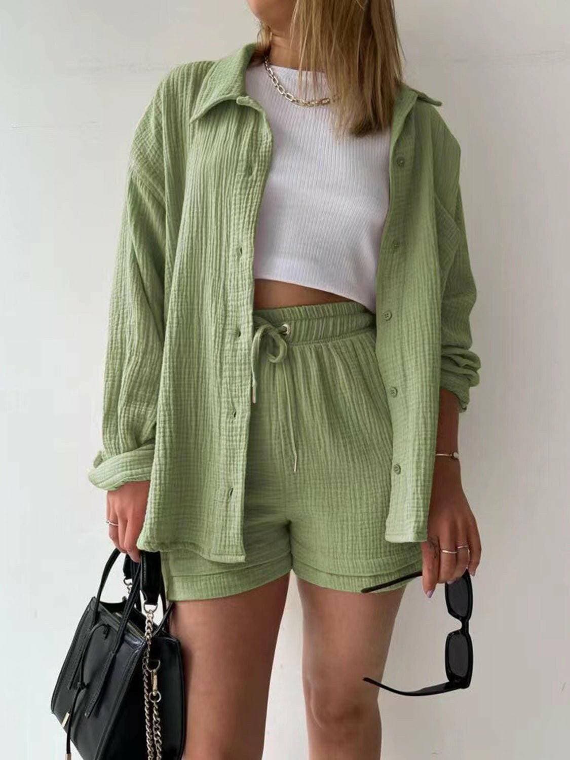 Chic Textured Shirt and Drawstring Shorts EnsembleChic Textured Shirt and Drawstring Shorts Ensemble
 Upgrade your style effortlessly with our chic textured shirt and drawstring shorts ensemble. Embrace a modern andLove Salve Chic Textured ShirtColor