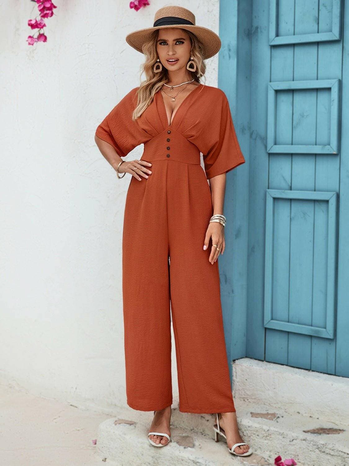 Elegant Button Detail V-Neck Jumpsuit with Half SleevesElegant Button Detail V-Neck Jumpsuit with Half Sleeves
 Upgrade your style effortlessly with our sophisticated jumpsuit, designed to elevate your look for any occasLove Salve Elegant Button DetailColor