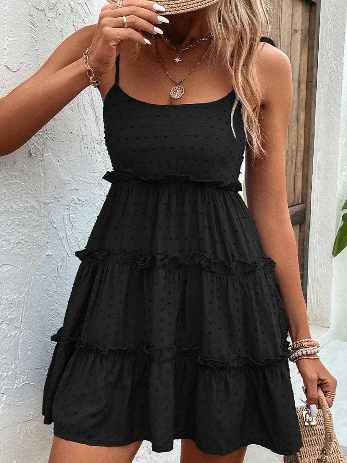 Elegant Tiered Spaghetti Strap Dress with Frill AccentsElegant Tiered Spaghetti Strap Dress with Frill Accents
 Step into sophistication with our Elegant Tiered Spaghetti Strap Dress, a blend of style and comfort that isLove Salve Elegant Tiered Spaghetti Strap DressColor