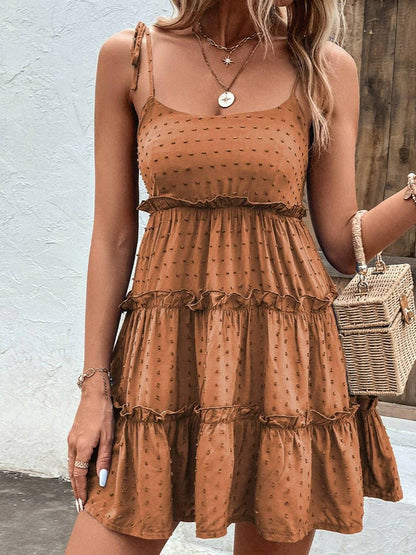 Elegant Tiered Spaghetti Strap Dress with Frill AccentsElegant Tiered Spaghetti Strap Dress with Frill Accents
 Step into sophistication with our Elegant Tiered Spaghetti Strap Dress, a blend of style and comfort that isLove Salve Elegant Tiered Spaghetti Strap DressColor