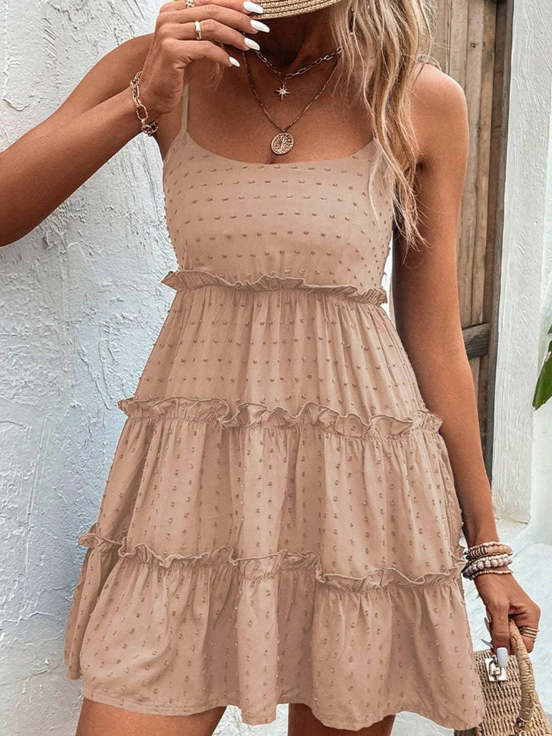 Elegant Tiered Spaghetti Strap Dress with Frill AccentsElegant Tiered Spaghetti Strap Dress with Frill Accents
 Step into sophistication with our Elegant Tiered Spaghetti Strap Dress, a blend of style and comfort that isLove Salve Elegant Tiered Spaghetti Strap DressColor