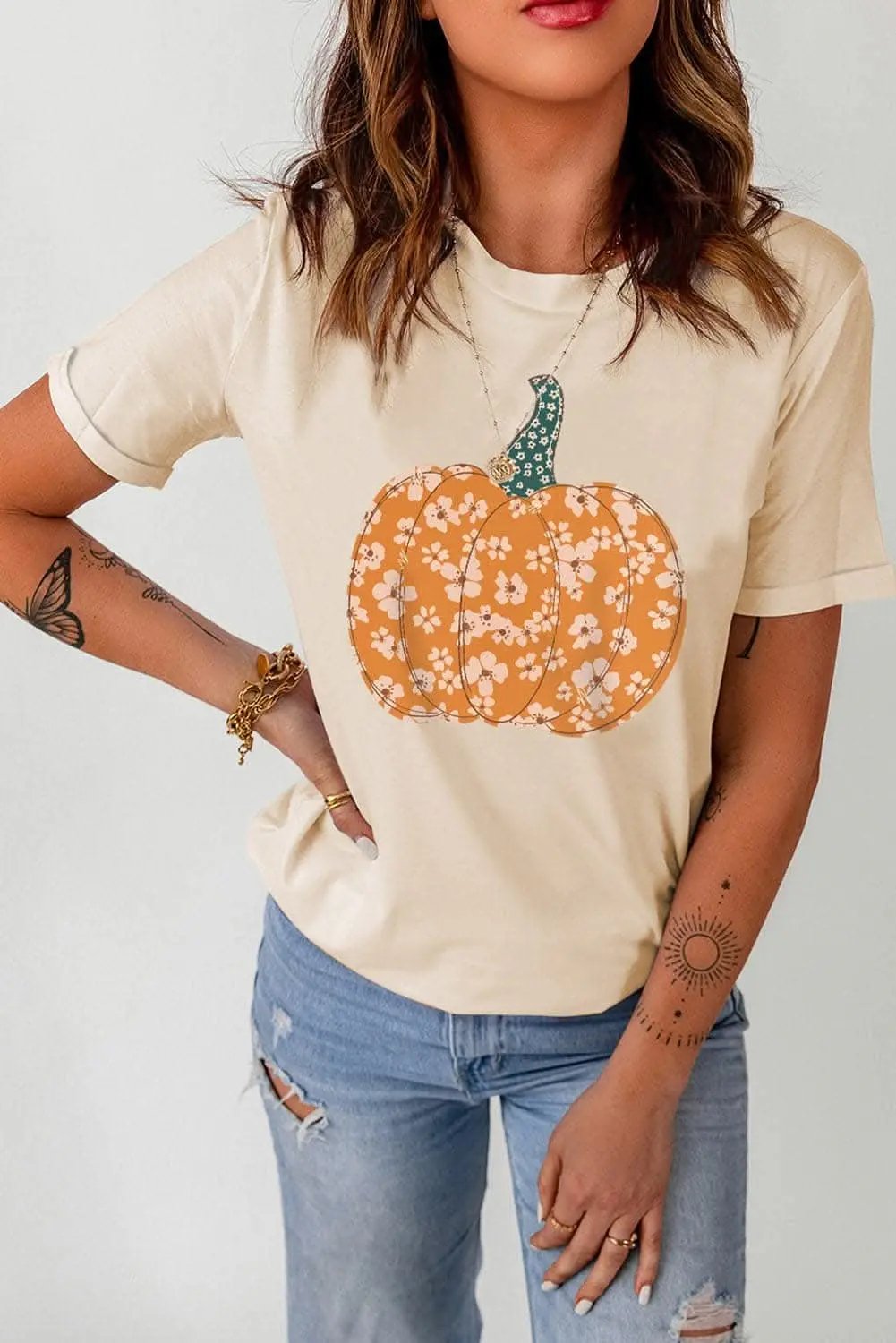Pumpkin print casual tee with cuffs - Love Salve 
