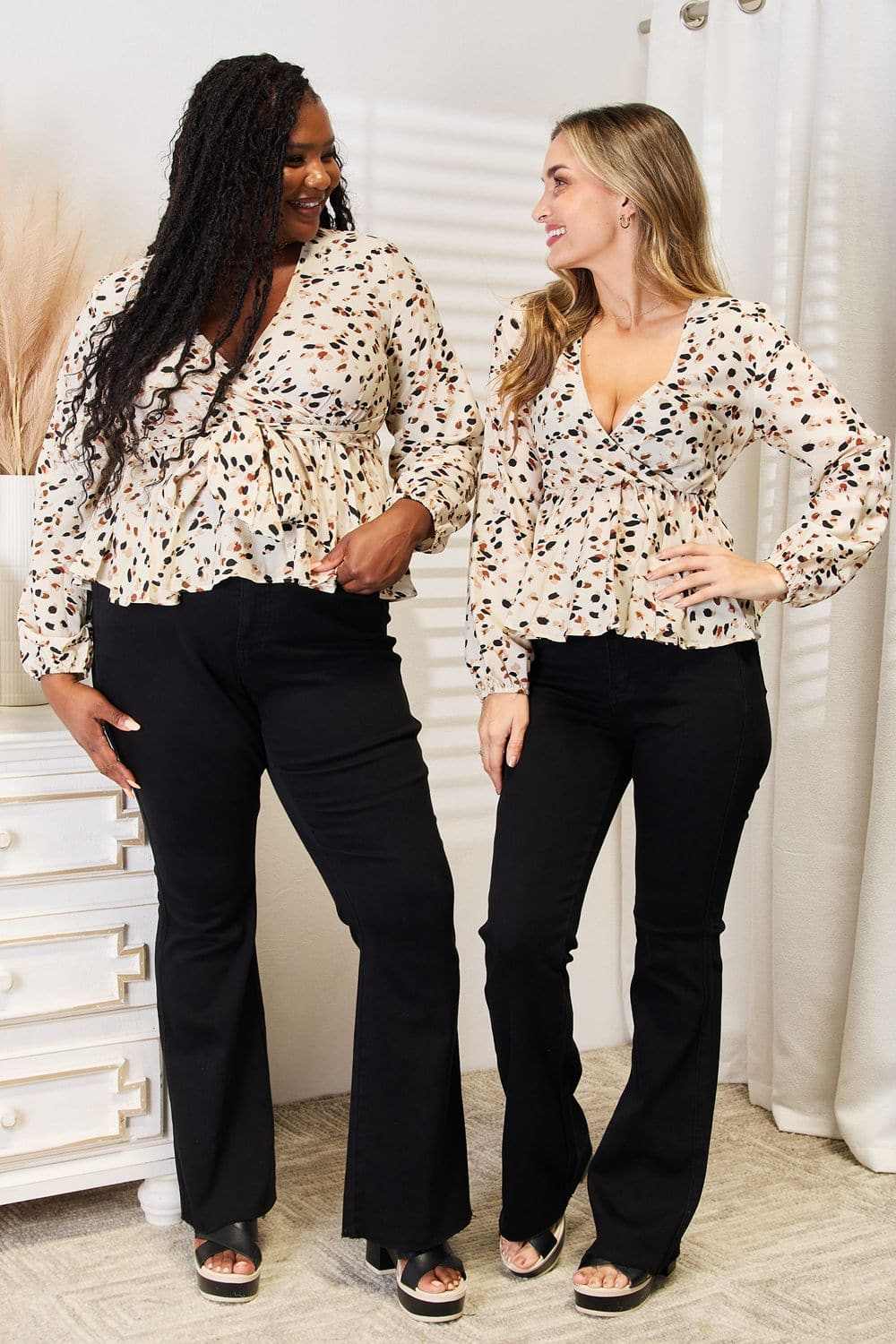 Vibrant plunge peplum top - tied detail - Love Salve 