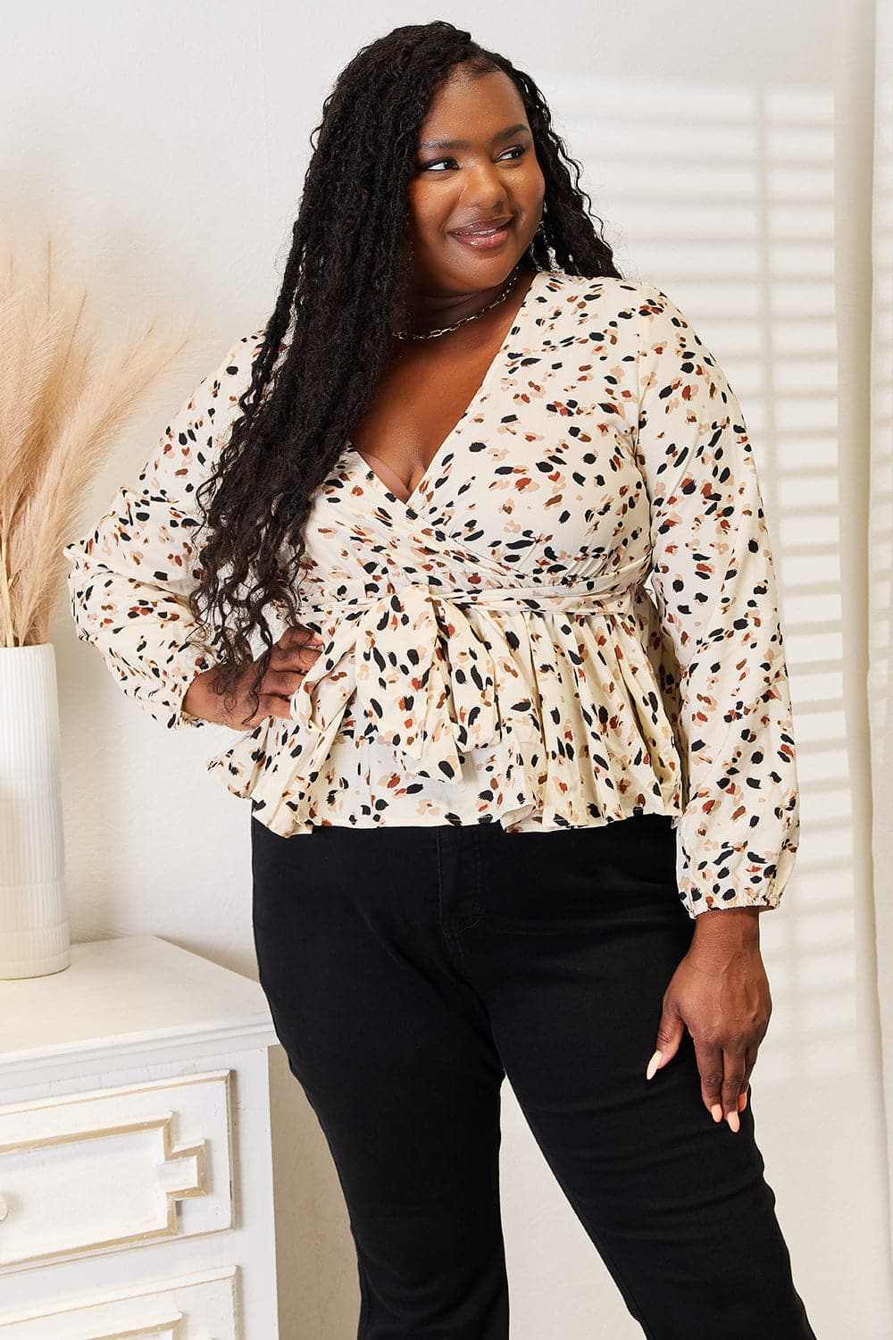 Vibrant plunge peplum top - tied detail - Love Salve 