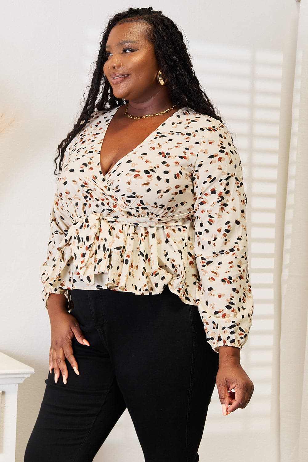 Vibrant plunge peplum top - tied detail - Love Salve 