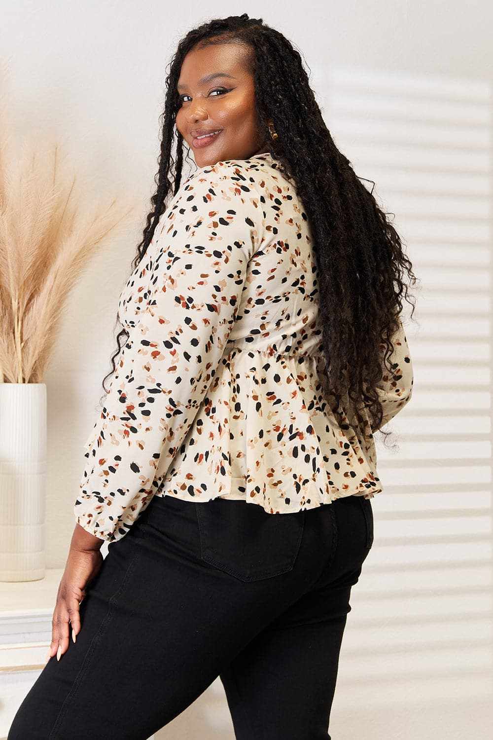 Vibrant plunge peplum top - tied detail - Love Salve 