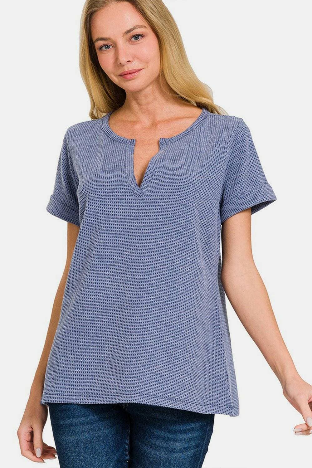 Modern Chic Notched Waffle T-Shirt with Sleeve Detail - Love Salve 