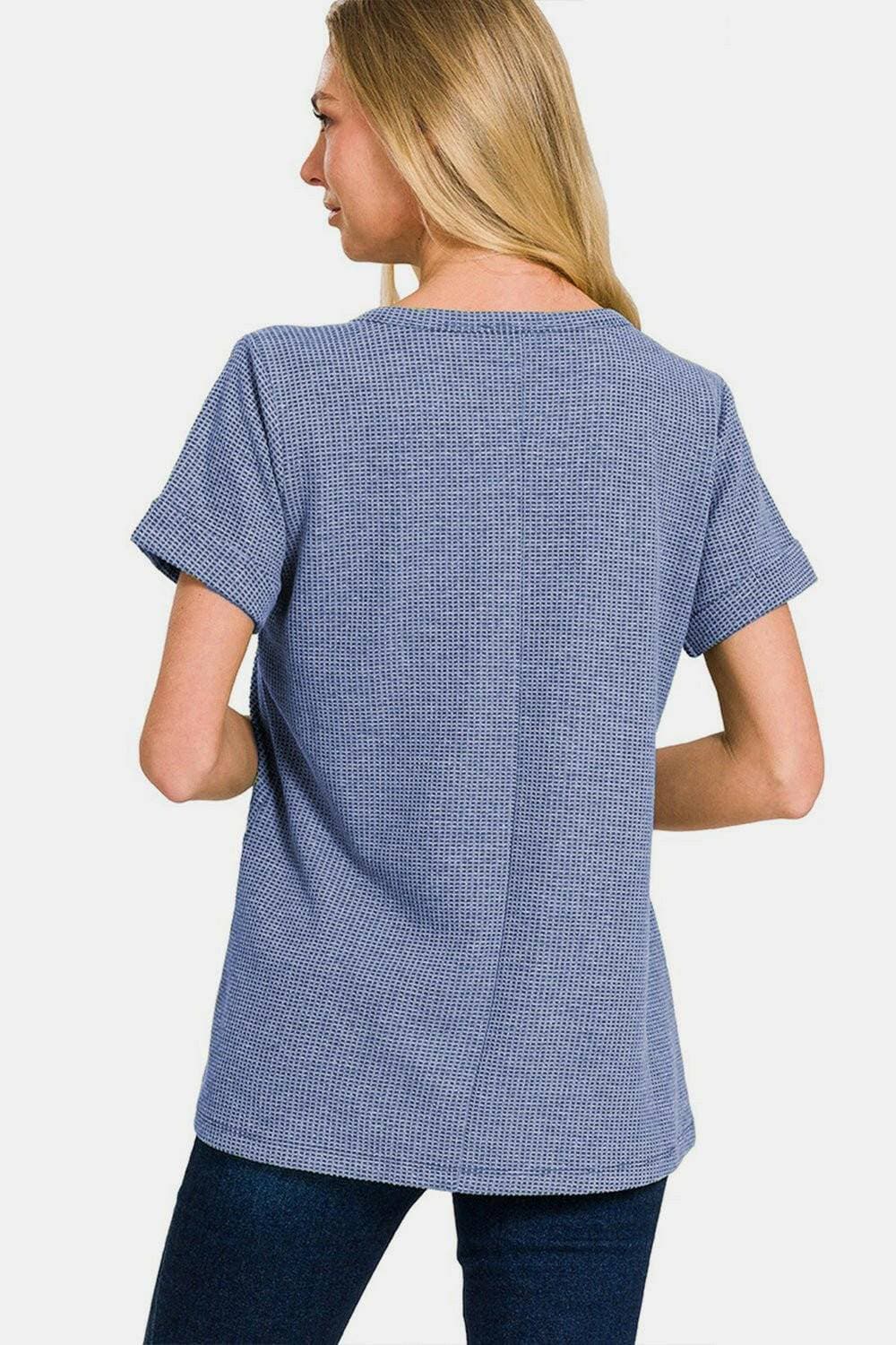 Modern Chic Notched Waffle T-Shirt with Sleeve Detail - Love Salve 