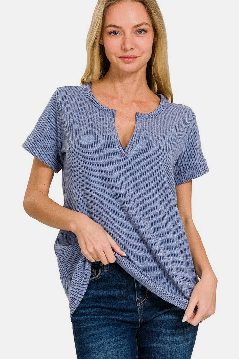 Modern Chic Notched Waffle T-Shirt with Sleeve Detail - Love Salve 