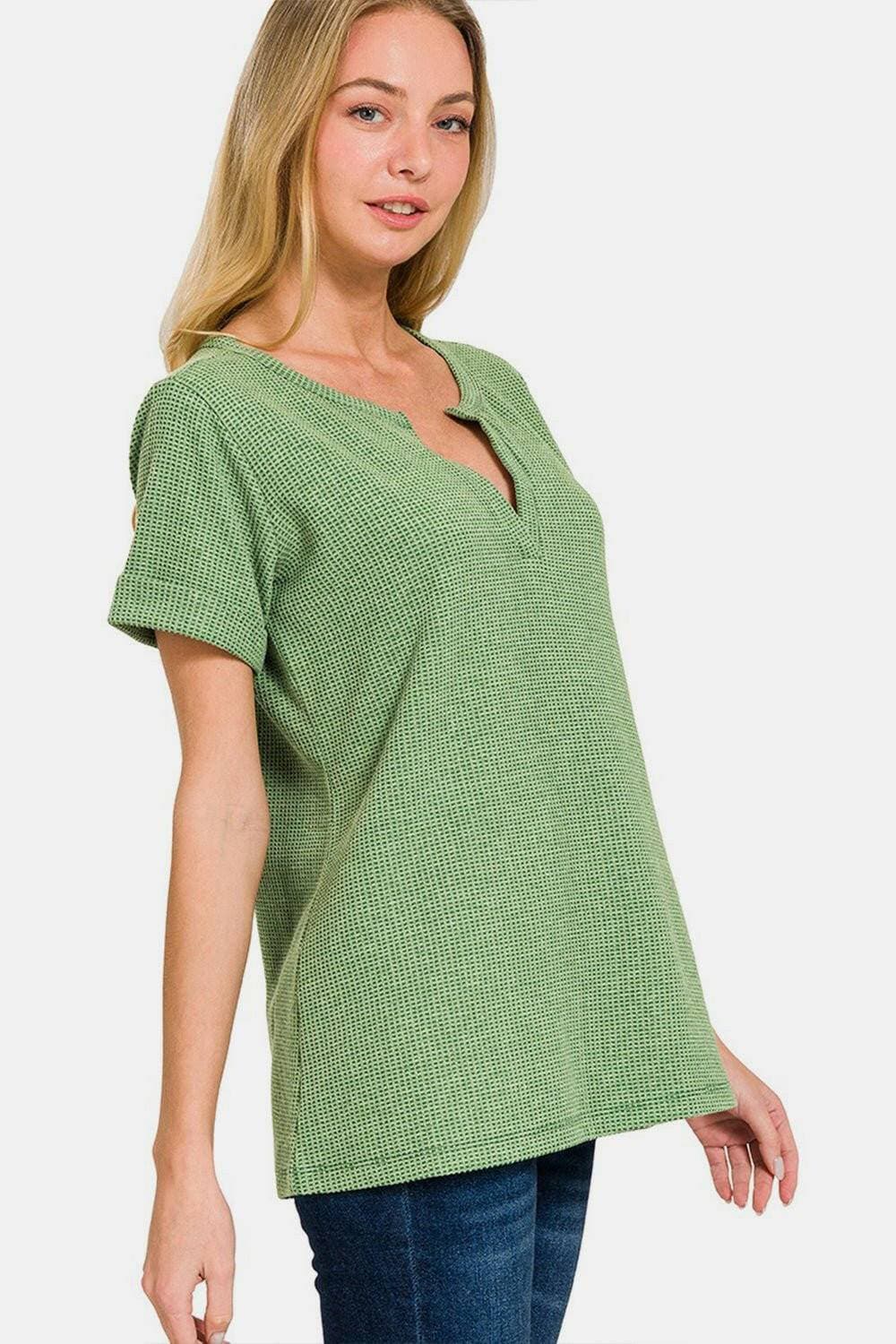 Waffle Texture Notch-Sleeve Tee - Effortlessly Stylish Comfort - Love Salve 