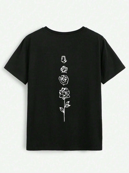 Elegant Rose Short Sleeve Tee with Round Neck - Love Salve 