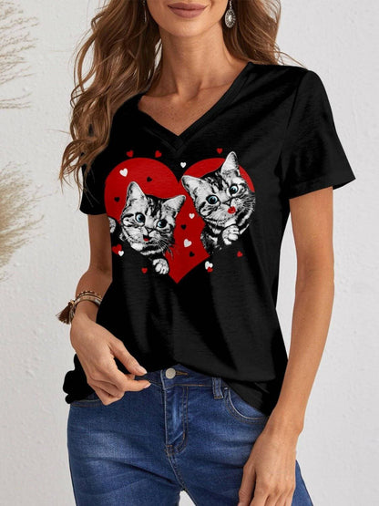 Feline Chic V-Neck Short Sleeve TeeUpgrade Your Everyday Look with the Feline Chic V-Neck Short Sleeve Tee
 Indulge in both style and comfort with this Feline Chic V-Neck Short Sleeve Tee. Let's dive Love Salve -Neck Short Sleeve TeeGraphic