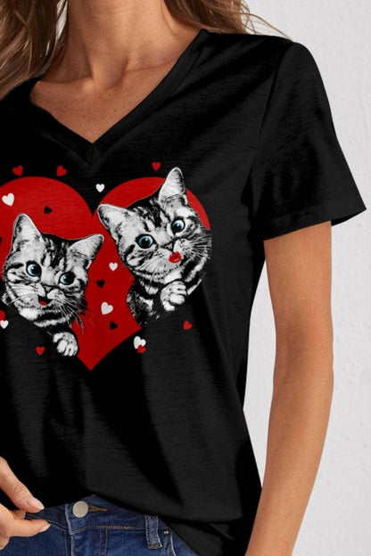 Feline Chic V-Neck Short Sleeve TeeUpgrade Your Everyday Look with the Feline Chic V-Neck Short Sleeve Tee
 Indulge in both style and comfort with this Feline Chic V-Neck Short Sleeve Tee. Let's dive Love Salve -Neck Short Sleeve TeeGraphic