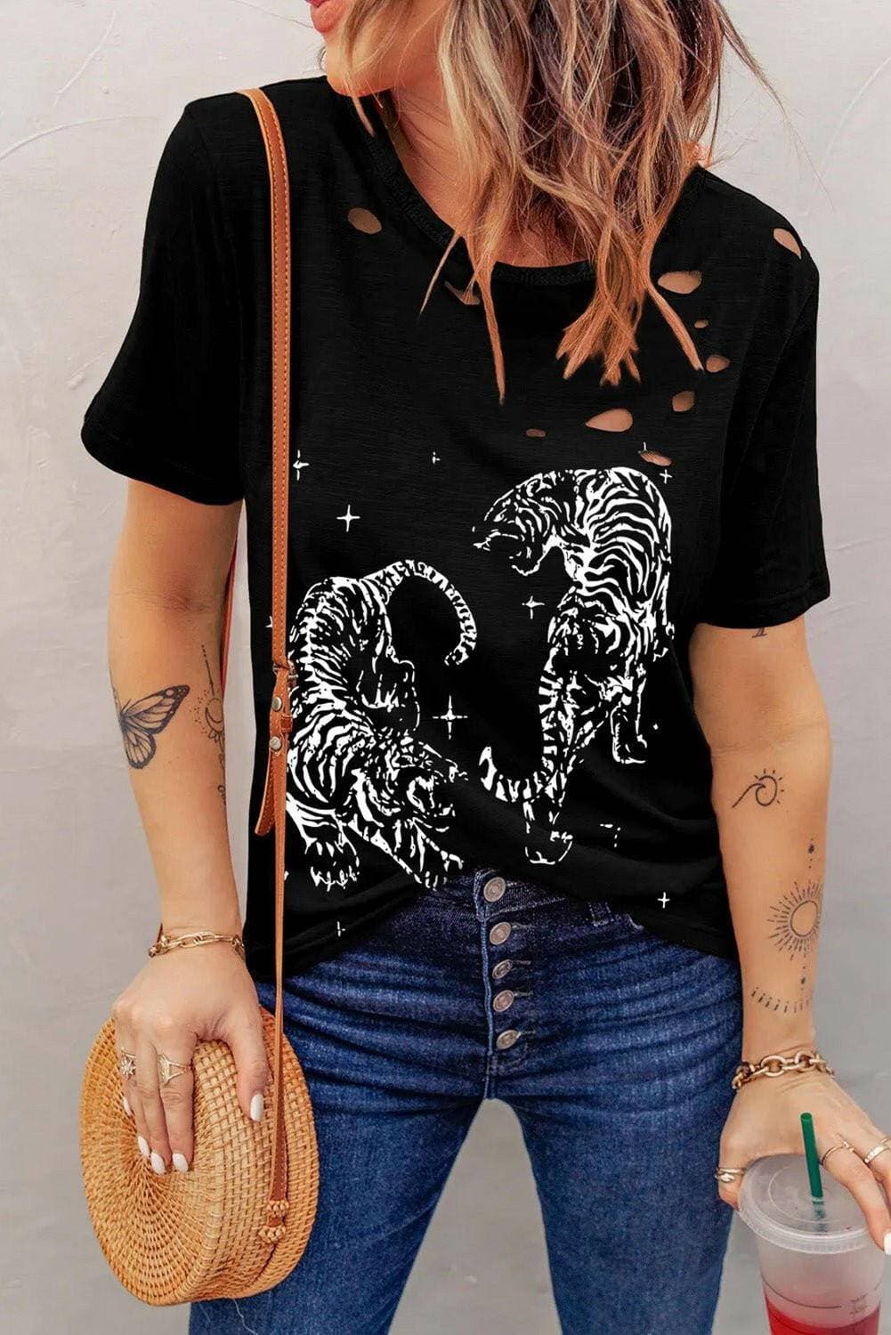 Graphic Sheer Detail Cutout Round Neck Short Sleeve Tee - Love Salve 