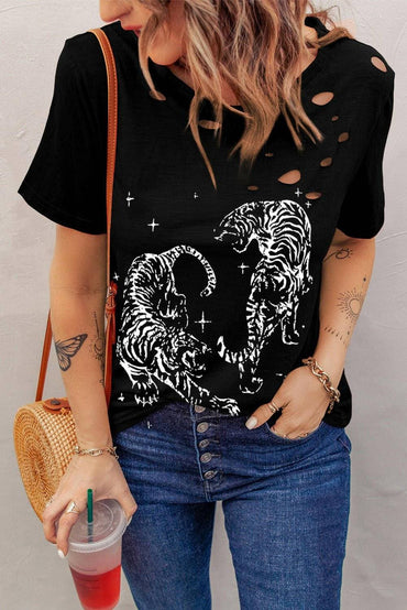 Graphic Sheer Detail Cutout Round Neck Short Sleeve Tee - Love Salve 