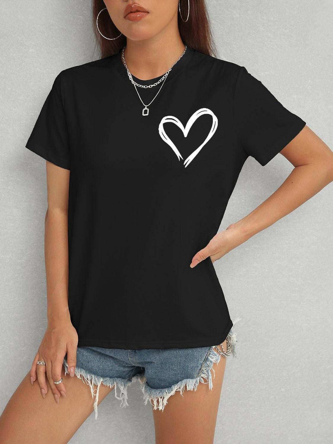 Heart Design Casual Round Neck Tee with Short Sleeves - Love Salve 