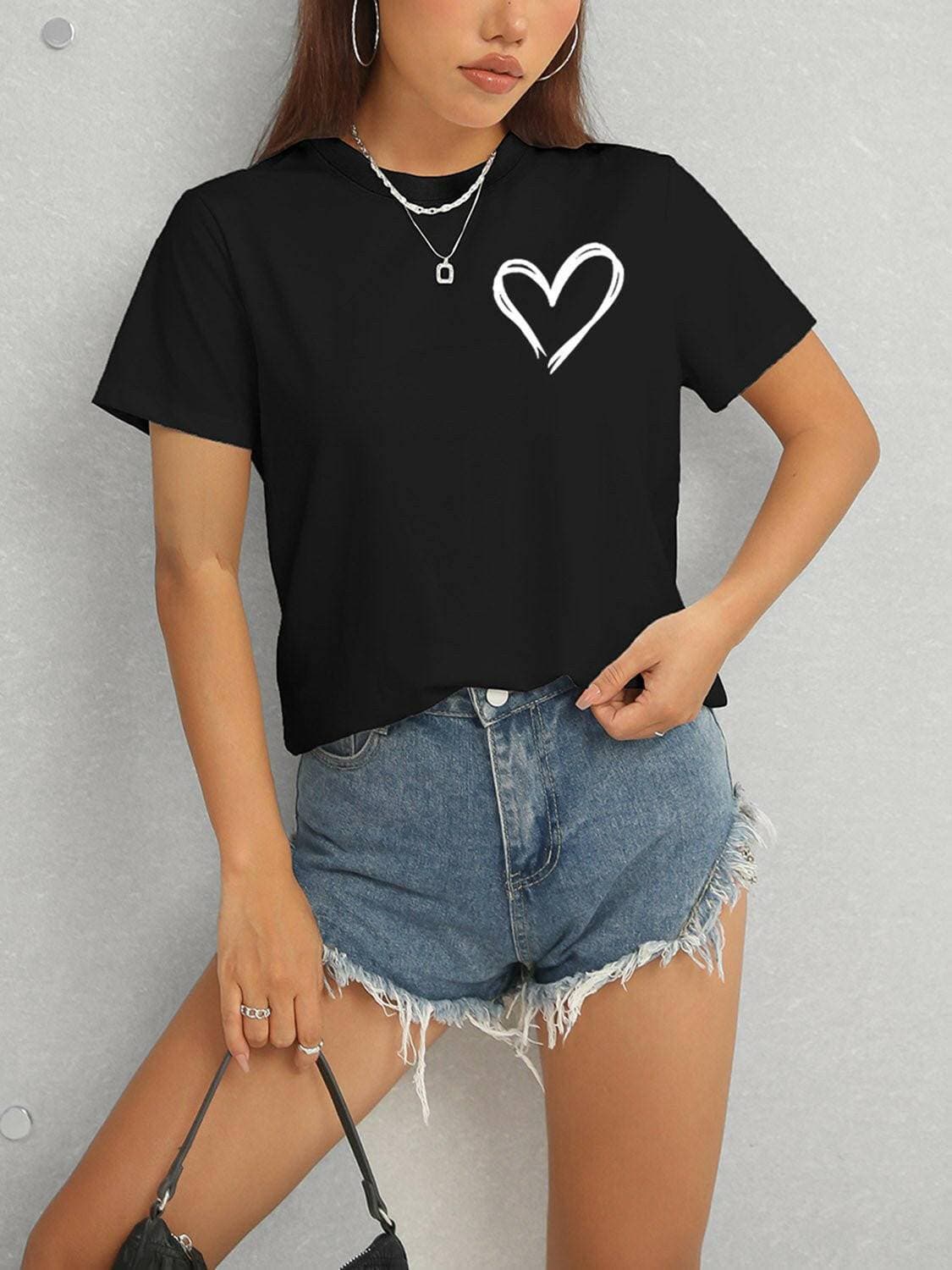 Heart Design Casual Round Neck Tee with Short Sleeves - Love Salve 