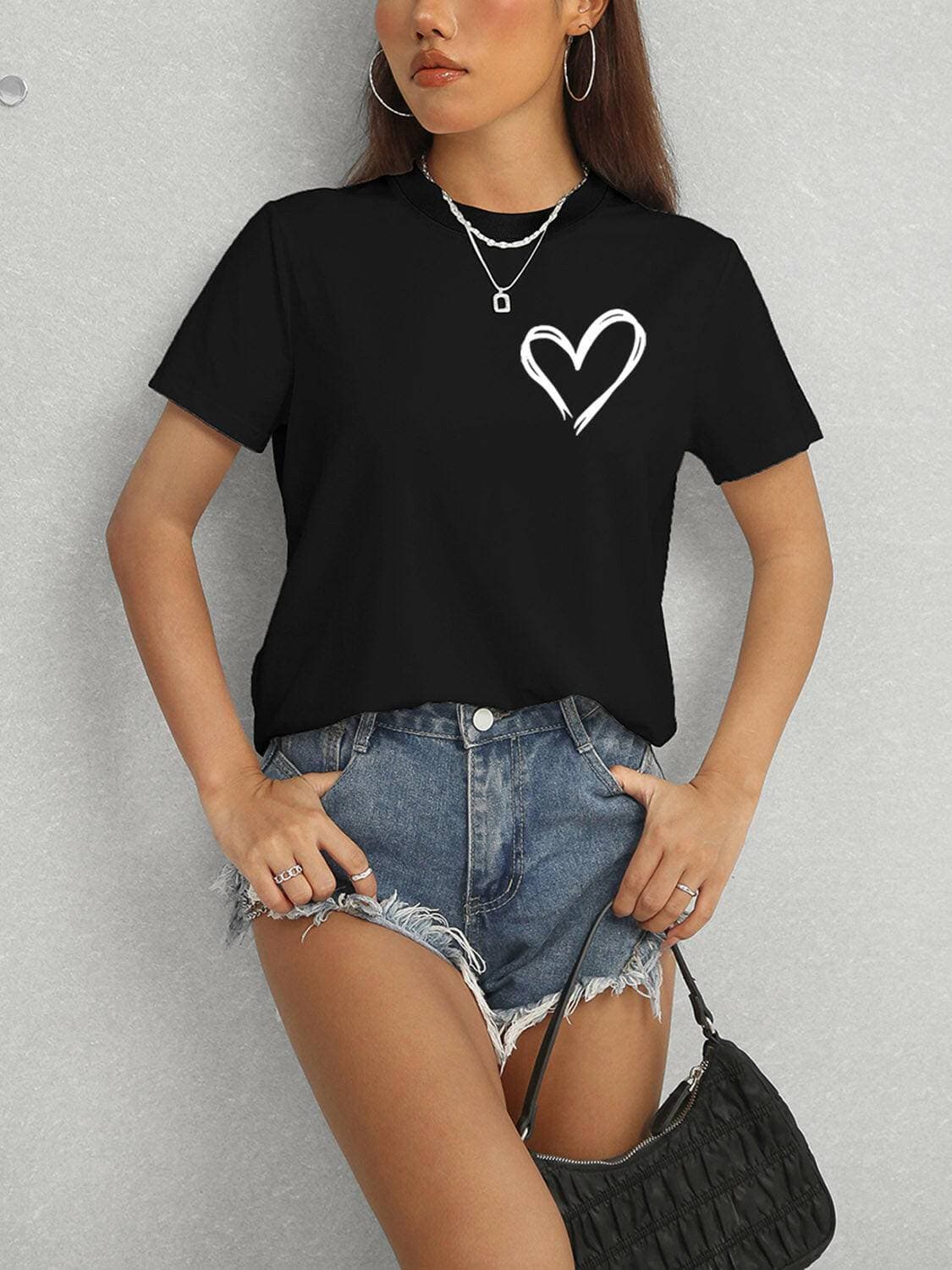 Heart Design Casual Round Neck Tee with Short Sleeves - Love Salve 