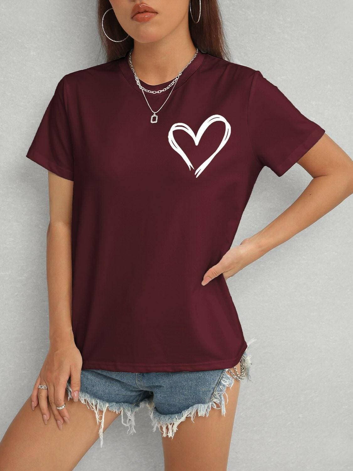 Heart Design Casual Round Neck Tee with Short Sleeves - Love Salve 