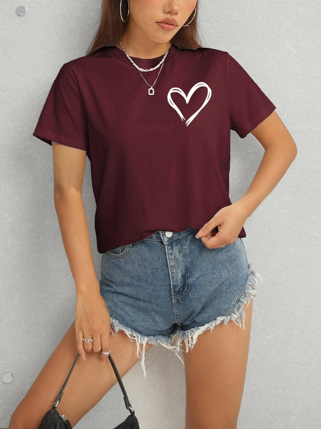 Heart Design Casual Round Neck Tee with Short Sleeves - Love Salve 