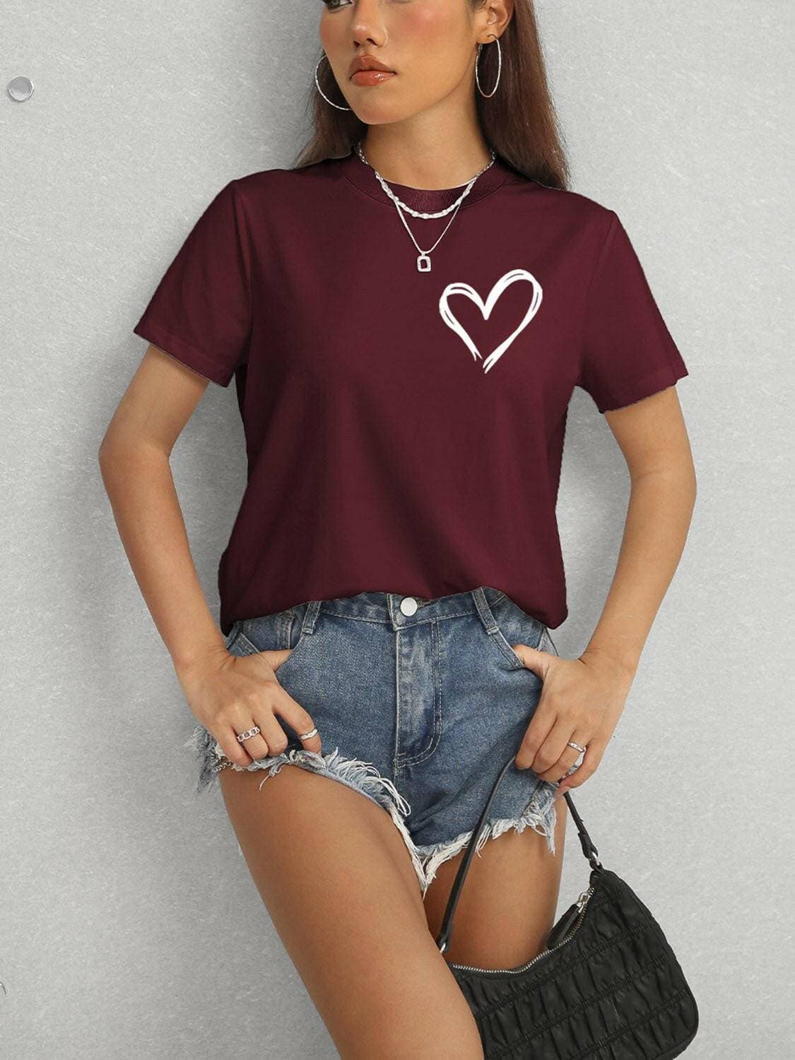 Heart Design Casual Round Neck Tee with Short Sleeves - Love Salve 